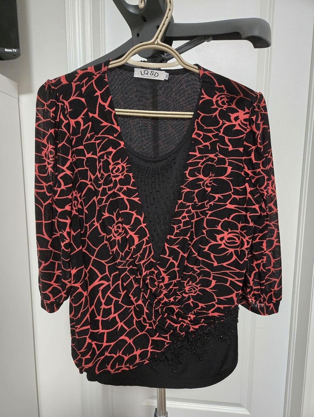 LQSD Black Top with Orange Floral Print